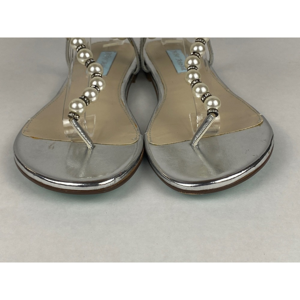 Betsey Johnson SB-PEARL Silver Metallic Pearl Rhinestone Bow Flat Sandals 7.5M - Picture 4 of 16